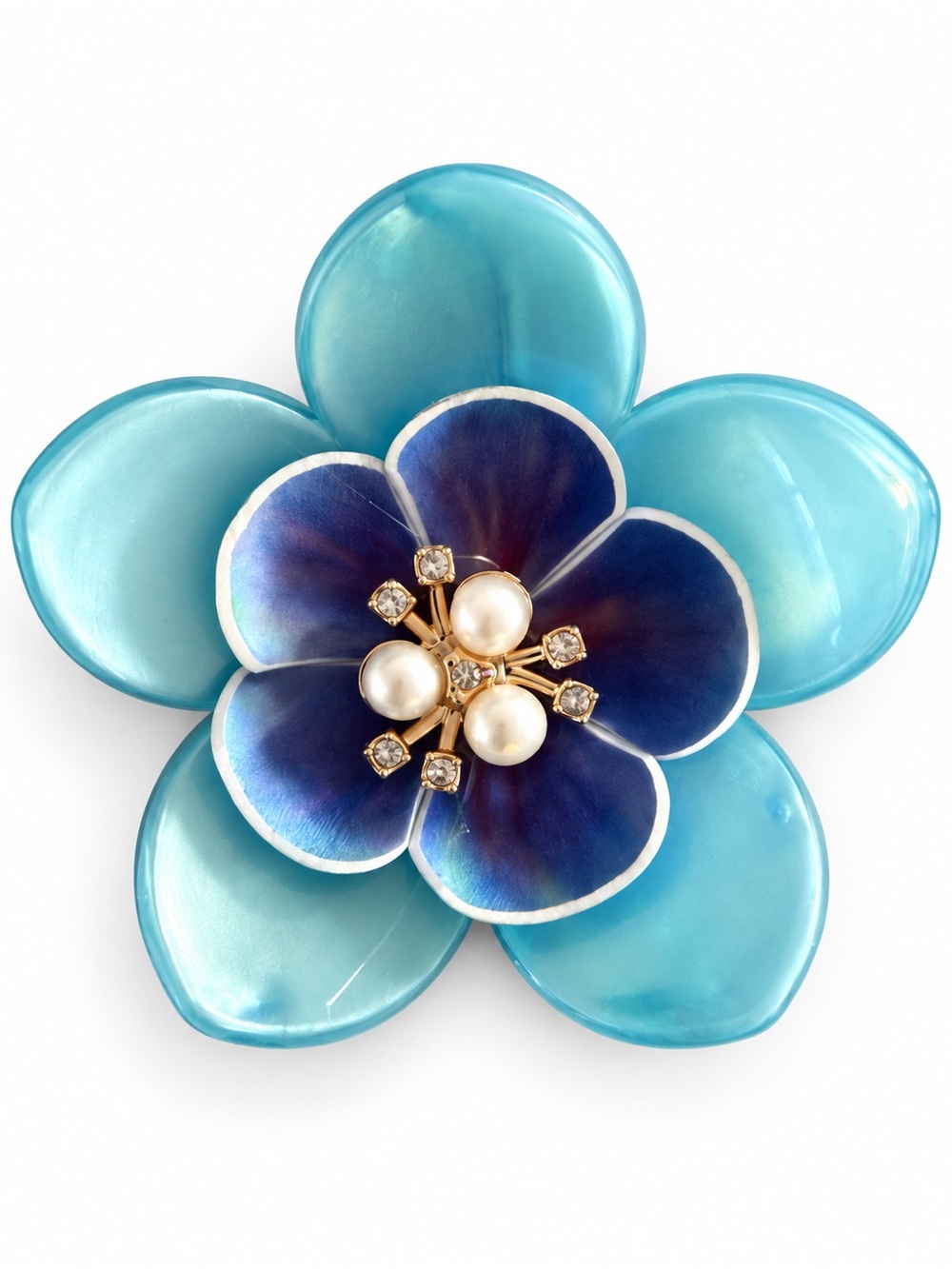 Bright Blue & Purple Pearl Rhinestone Flower Floral 3“ Lobster Claw Hair Clip